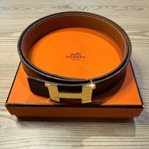 Hermes Authenticated Gold Plated H Buckle Reversible Black & Brown 75 Belt & Box